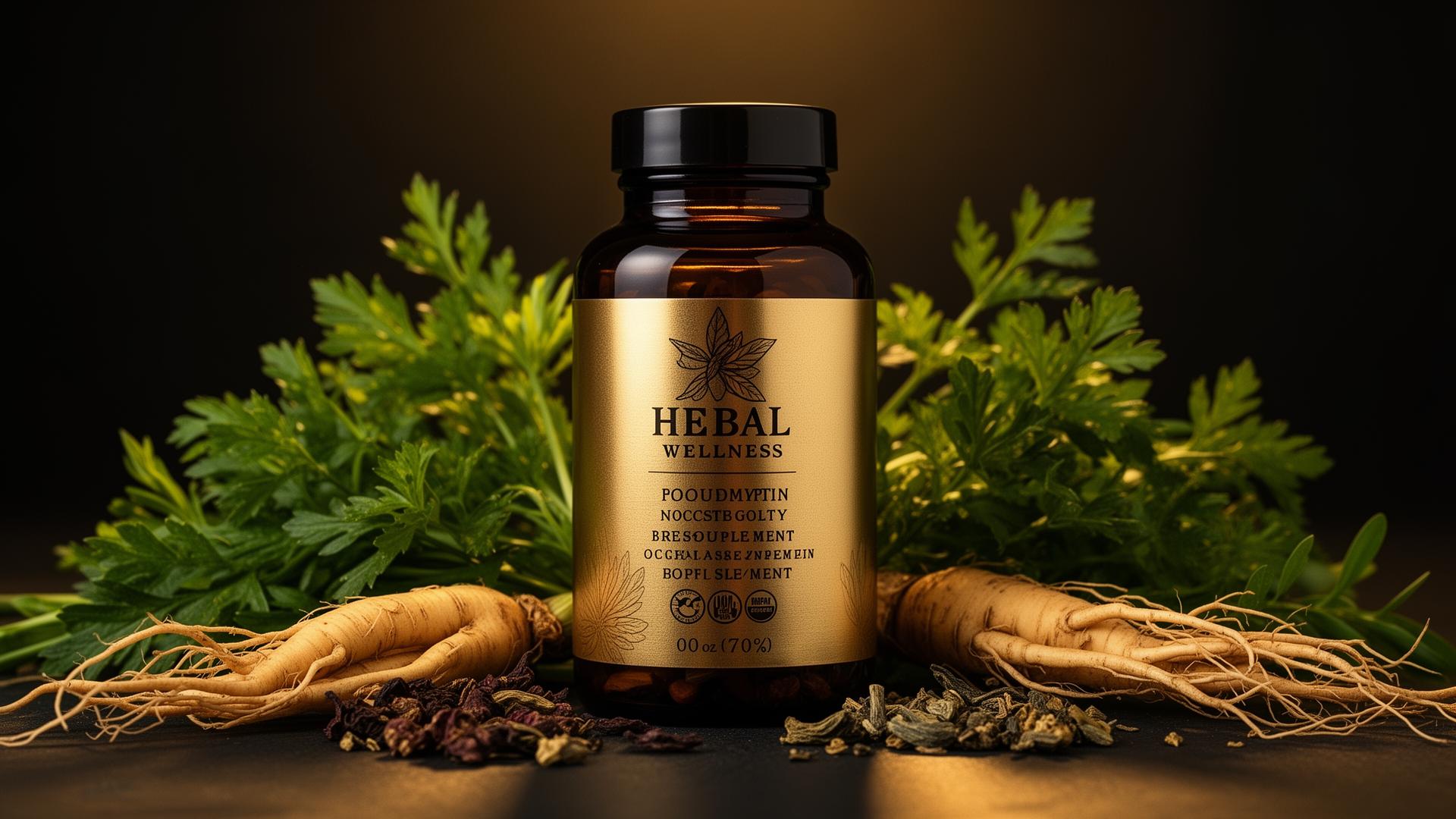 Premium herbal wellness supplement bottle with ginseng root